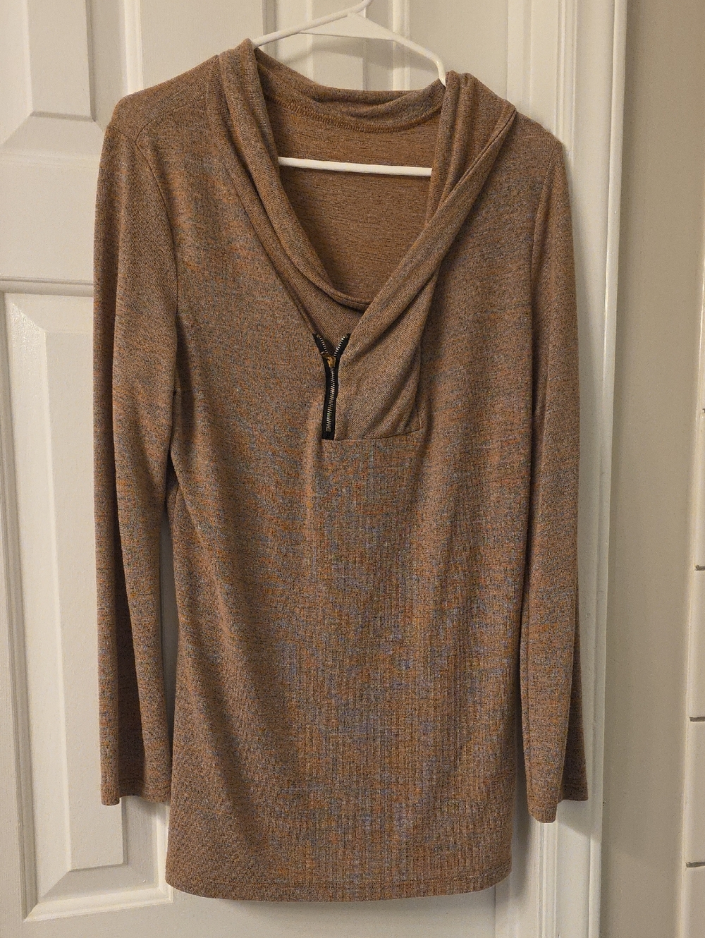 Women’s Brown Cowl Neck Zip-Front Sweater